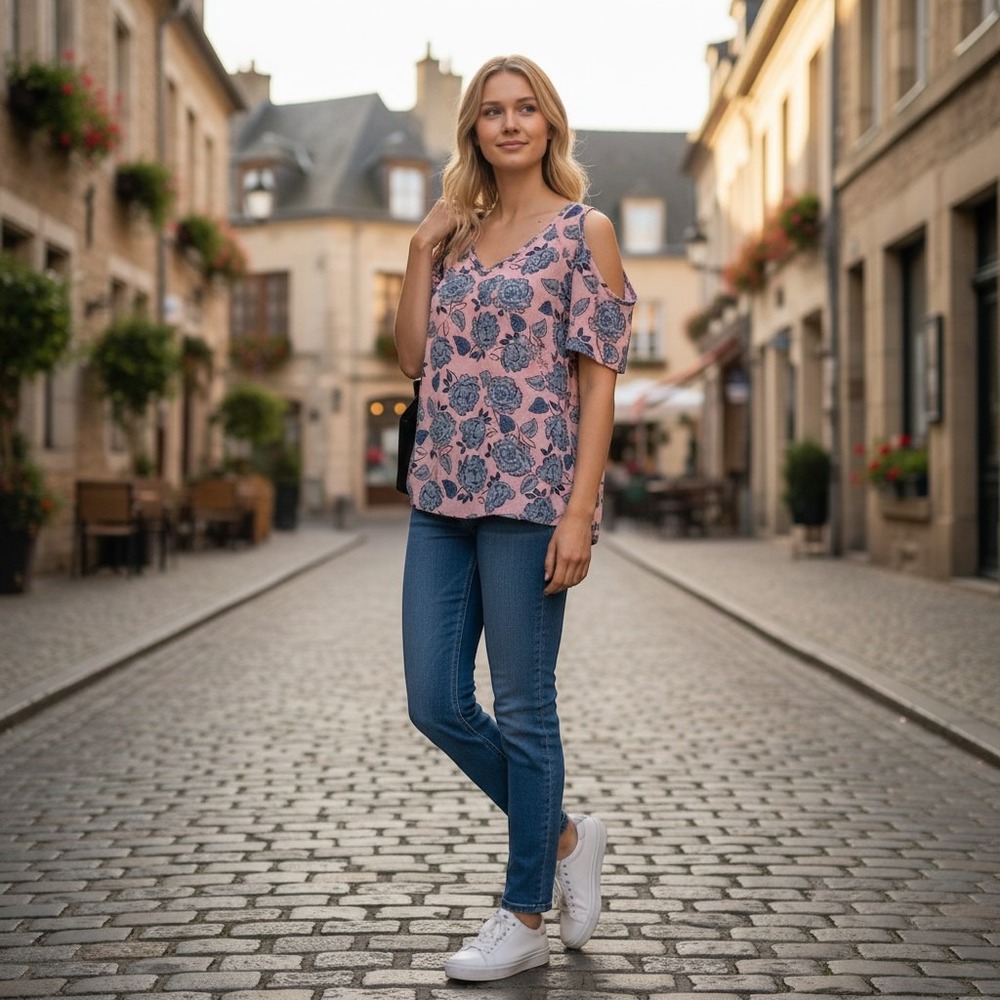 KUT from the Kloth Pink Blue Floral Cold Shoulder Strappy V-Neck Blouse Medium